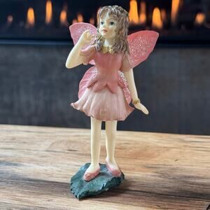 Vintage 1994 Dezine Thoughtful Fairy Figurine 5594 Pink Glitter Wings Leaf Base